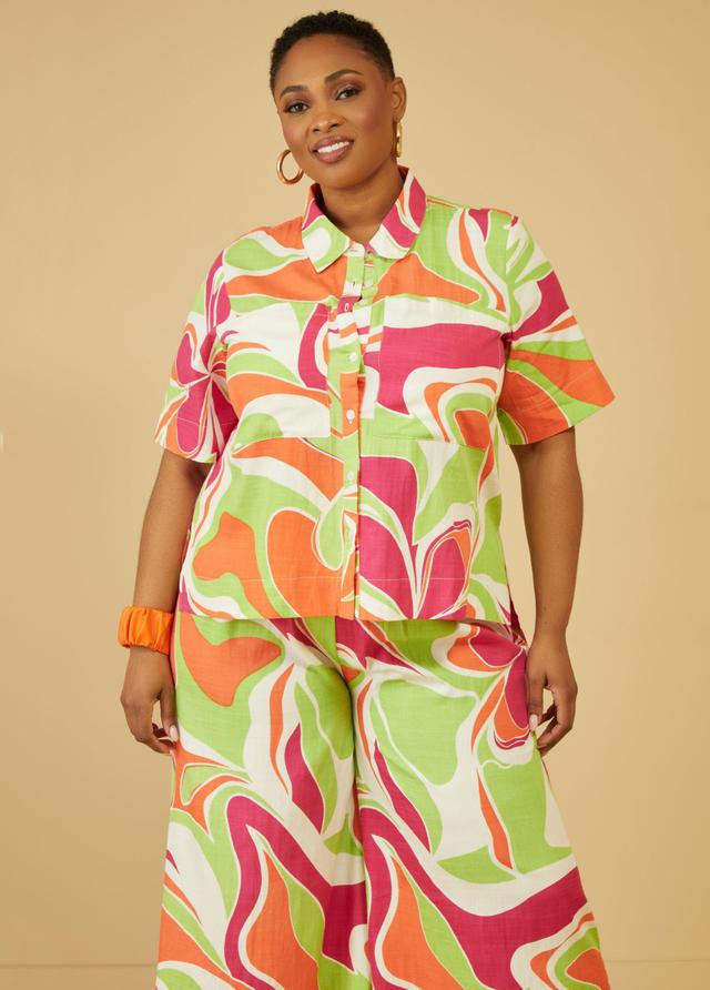 Plus Size Abstract Print Woven Shirt, - Ashley Stewart Product Image