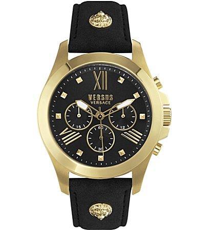 Versace Versus By Versace Mens Lion Chronograph Black and Gold Leather Strap 44mm Watch Product Image