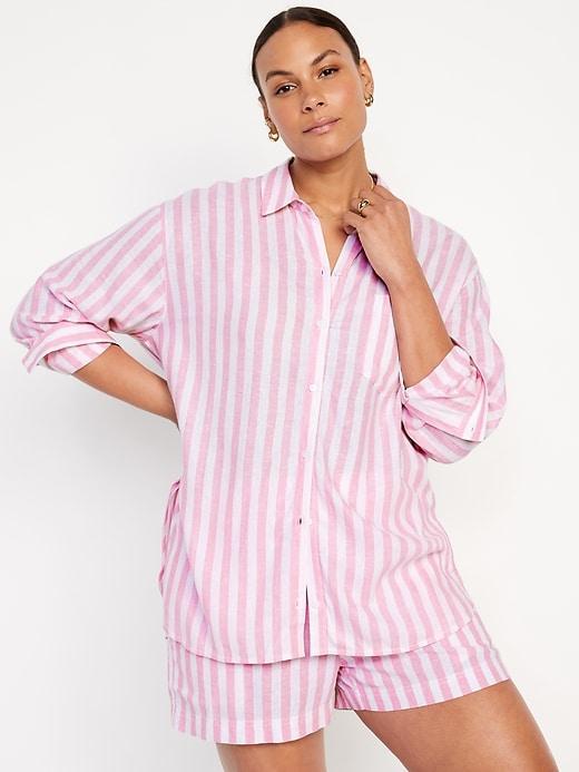 Linen-Blend Button-Down Boyfriend Shirt Product Image