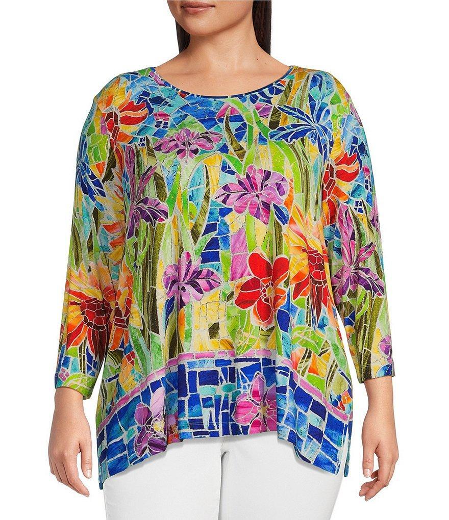 Ali Miles Plus Size Knit Floral Abstract Tile Print Scoop Neck 3/4 Sleeve Side Slit Tunic Product Image