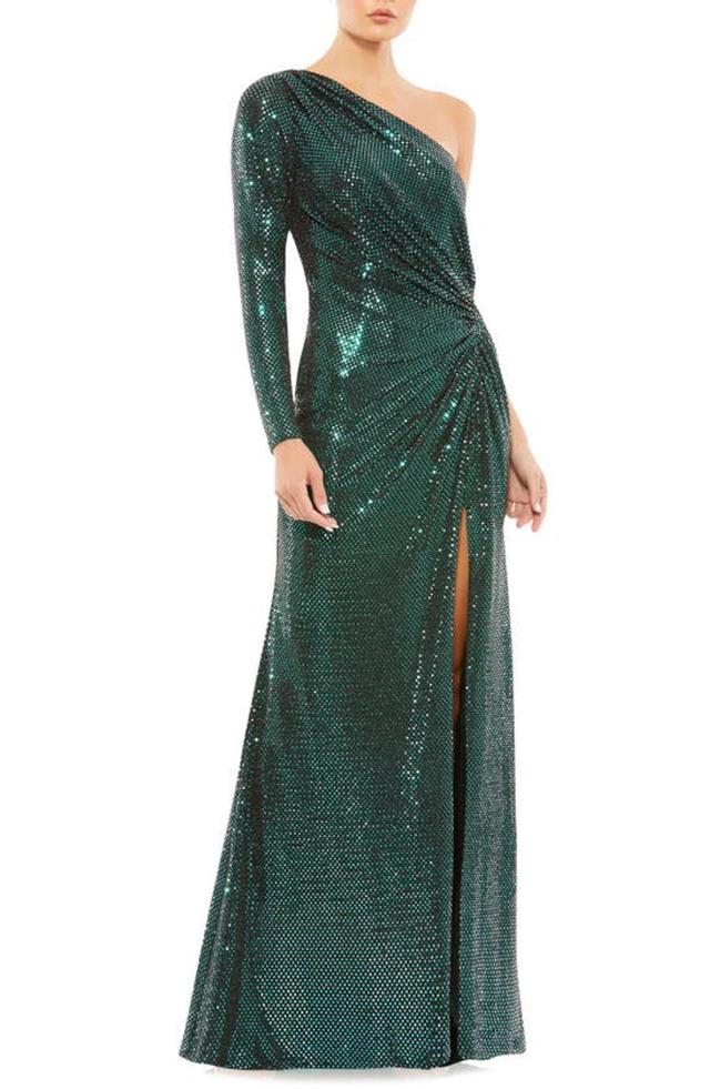 One Shoulder Sequined Gown In Green Product Image