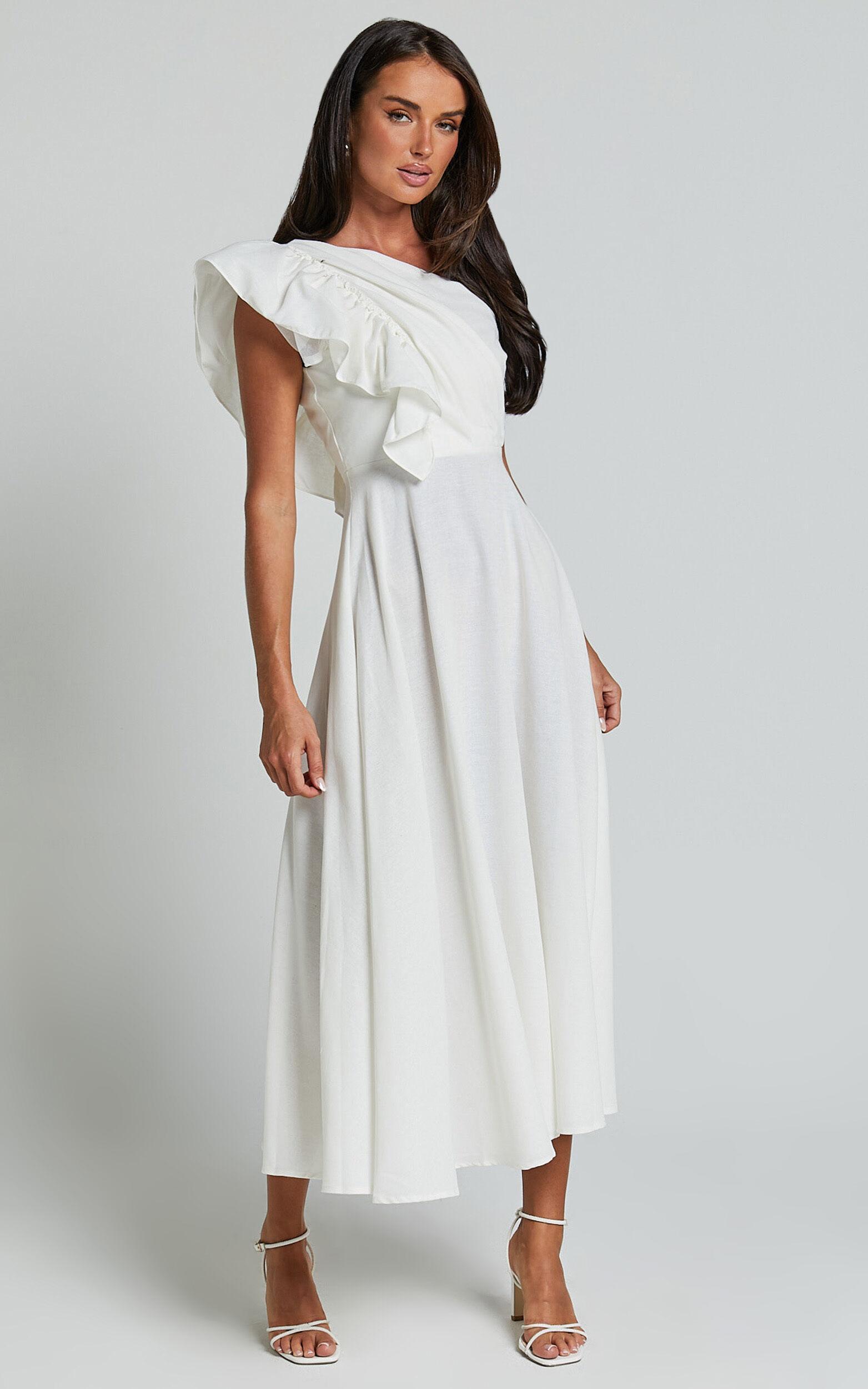 Dixie Midi Dress - Linen Look One Shoulder Ruffle Dress in White Product Image