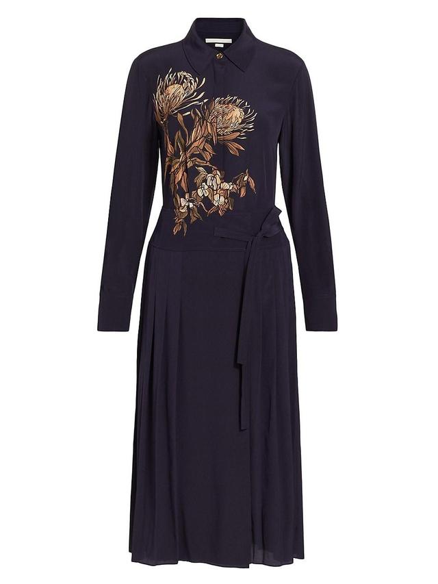 Womens Placed Pleated Floral Silk Midi-Dress Product Image