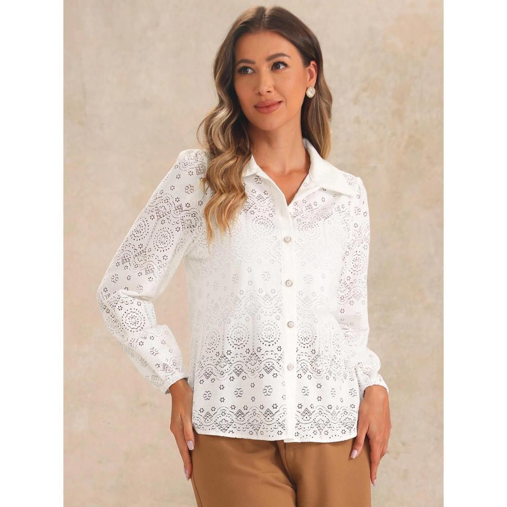 Allegra K Women's Lace Puff Long Sleeve Casual Elegant Button Down Collar Shirt White X-Large Product Image