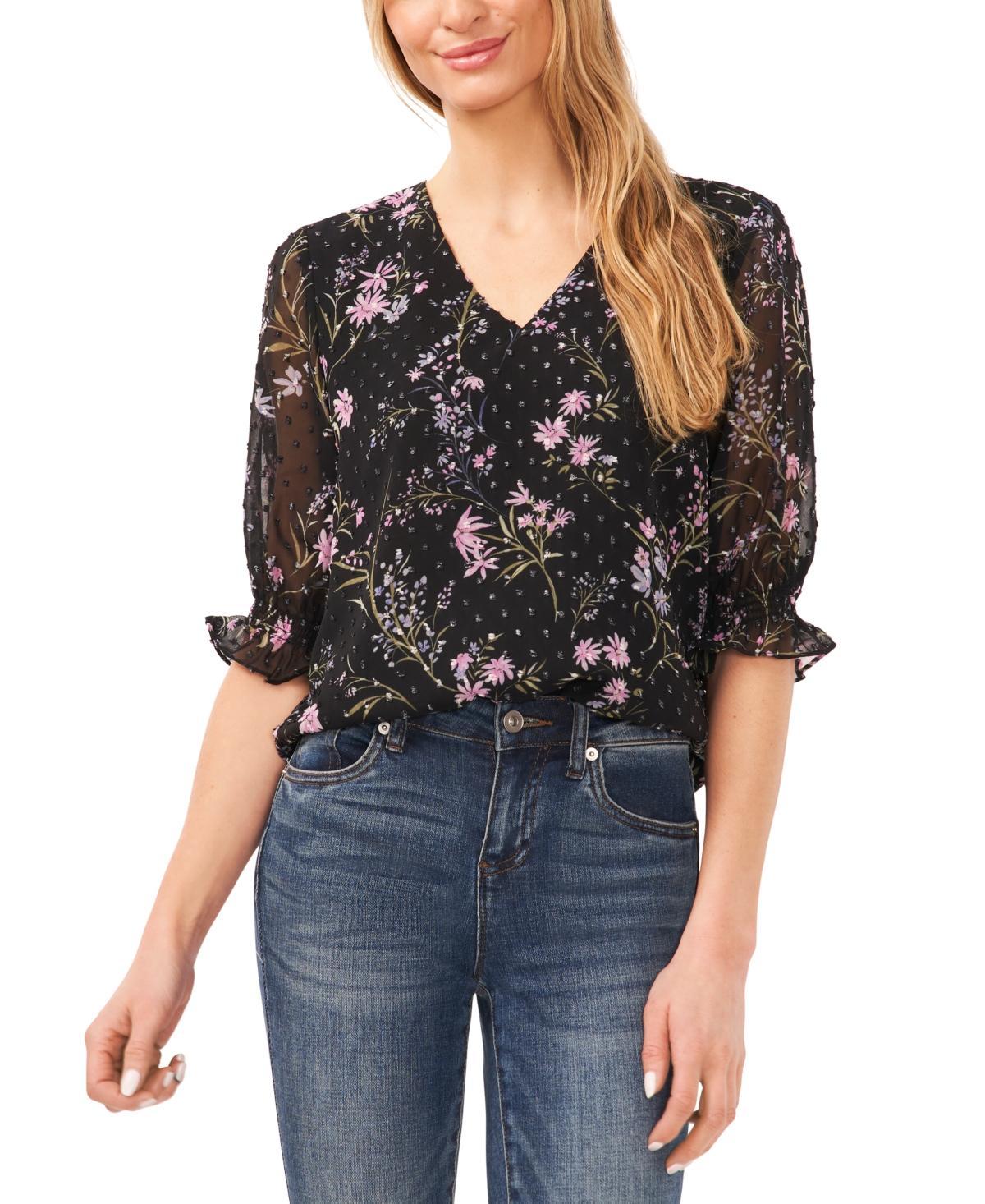 CeCe Womens Floral 3/4-Sleeve Ruffled V-Neck Blouse product image