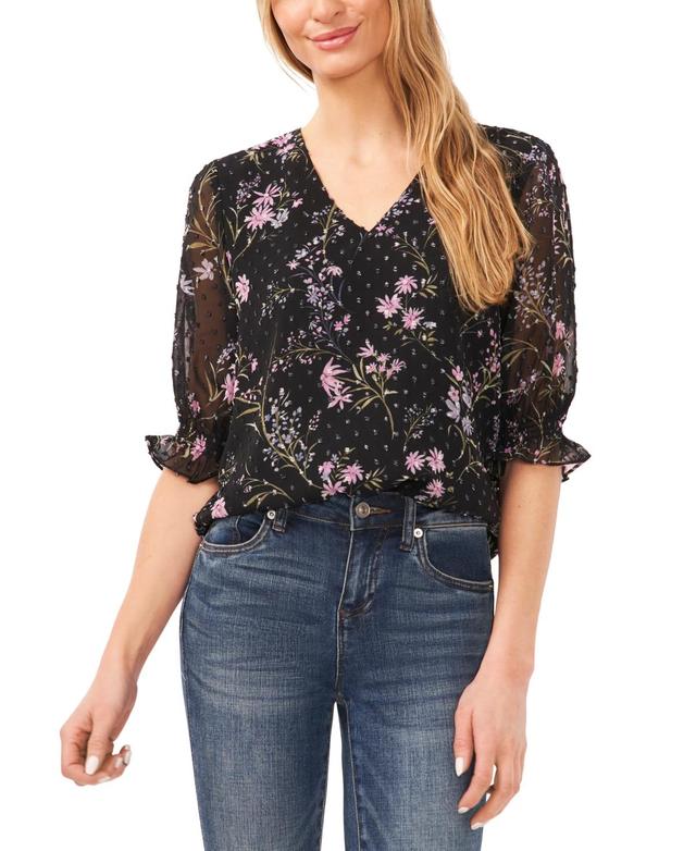 Women's Floral-Print 3/4-Sleeve Ruffled V-Neck Blouse Product Image