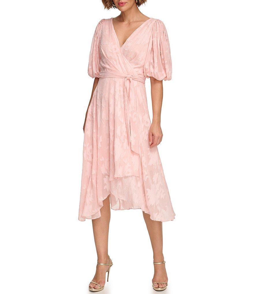 DKNY Balloon Surplice V-Neck Balloon Short Sleeve Faux Wrap Midi Dress Product Image