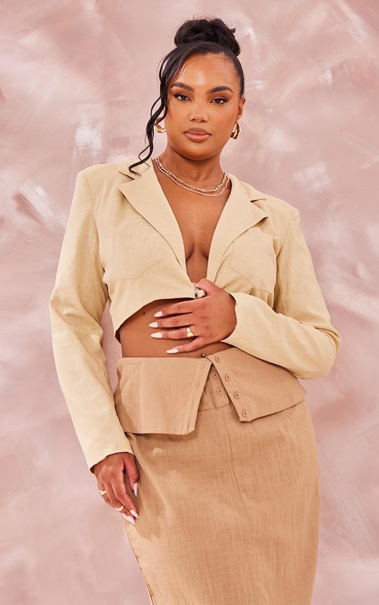 Plus Sand Linen Look Crop Blazer Product Image