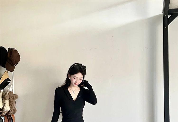 Long-Sleeve Henley Plain Maxi A-Line Dress Product Image