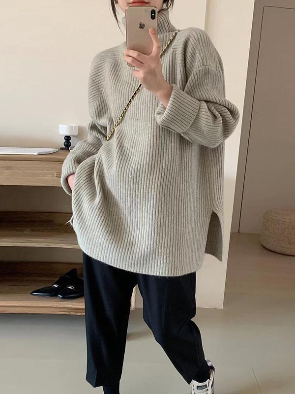 Long Sleeves Loose Solid Color Split-Joint Split-Side High Neck Sweater Product Image