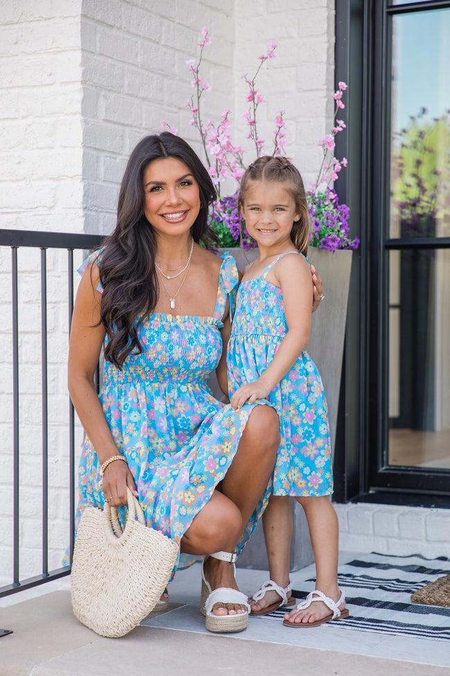 Kid's Sunny Skies Blue Floral Mini Dress Product Image