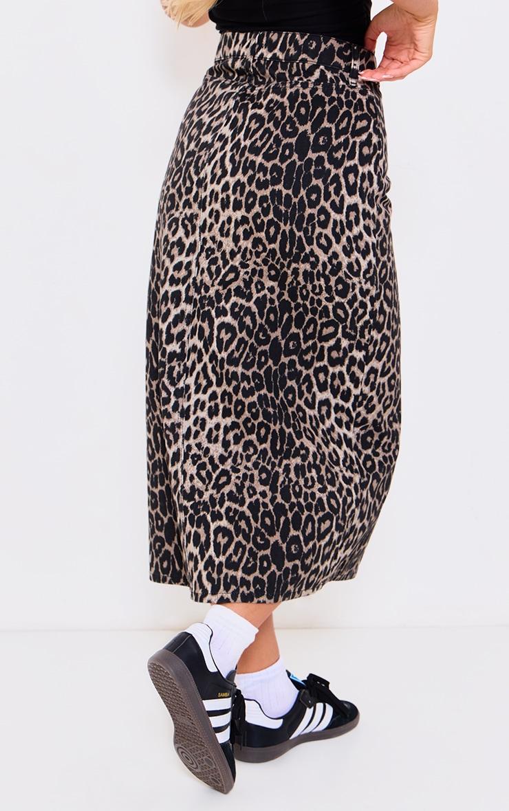 Brown Leopard Print Denim Midaxi Skirt Product Image