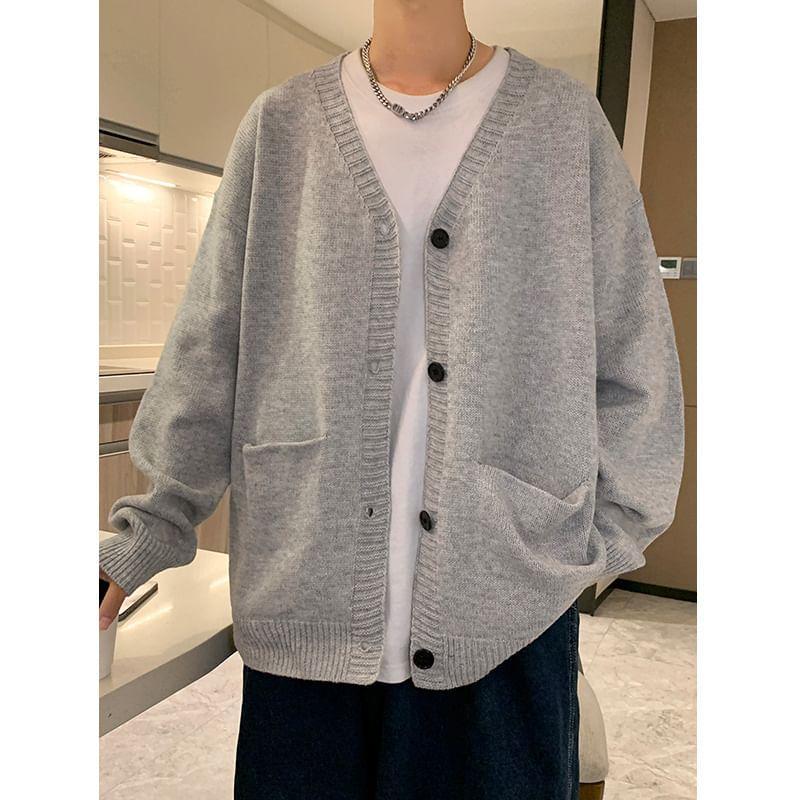 V-Neck Plain Button-Up Cardigan Product Image