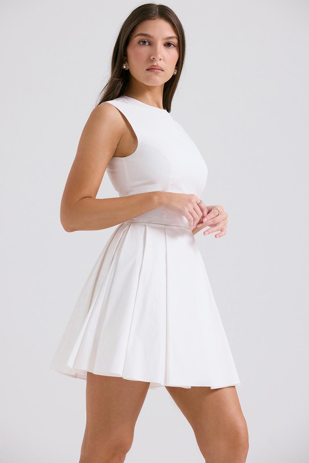 Claretta White Pleated Cotton Mini Dress Product Image