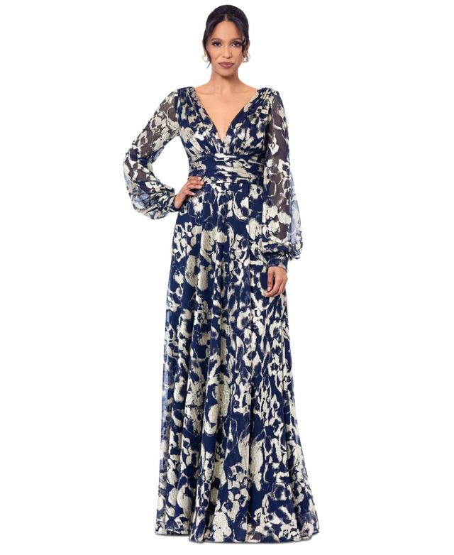 Betsy & Adam Womens Printed Blouson-Sleeve Maxi Dress - Navy Product Image