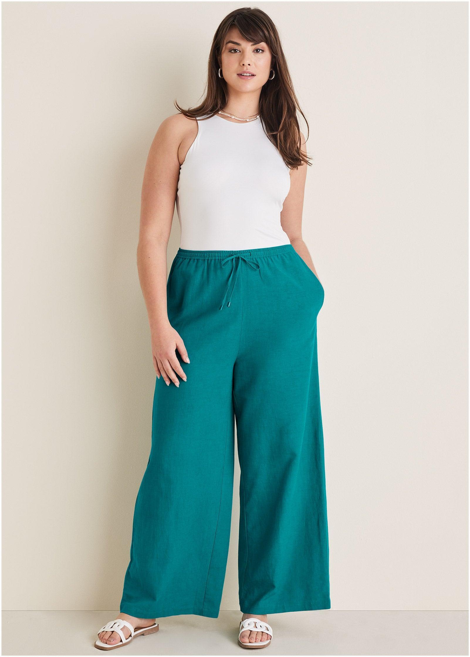 Cotton Linen Wide Leg Pants - Teal Product Image