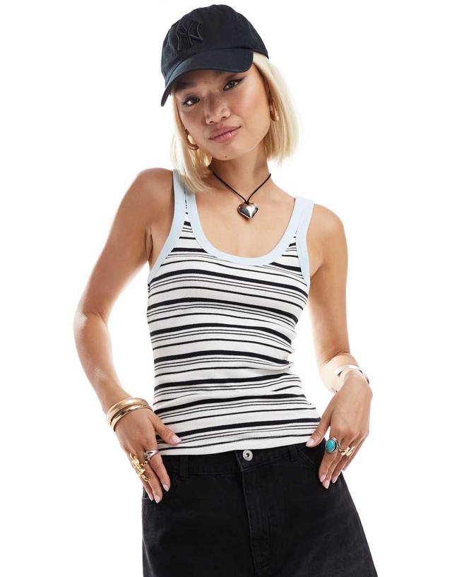 Monki ribbed fitted tank top with scoop neck in blue and white multi stripe Product Image