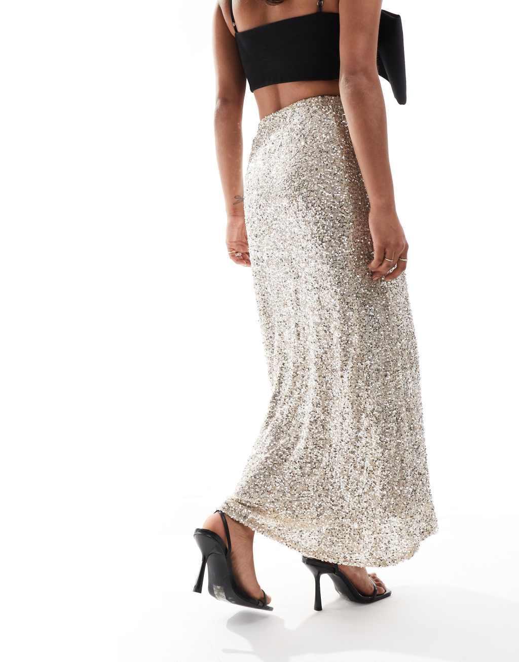 Never Fully Dressed Petite sequin maxi skirt in silver Product Image