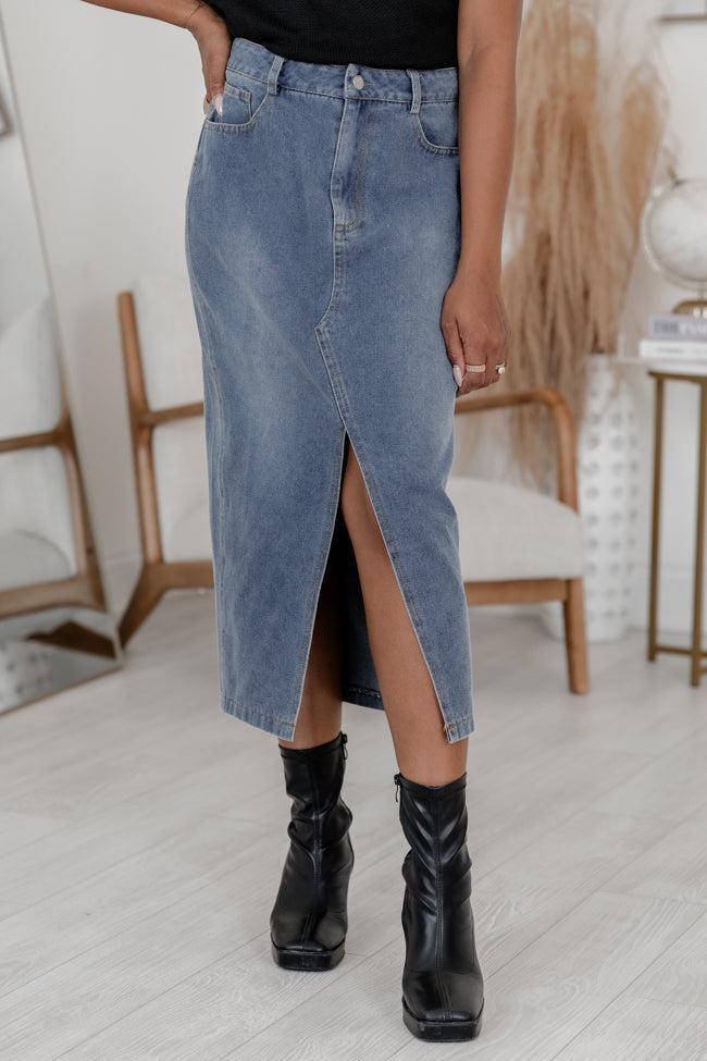 Follow My Lead Medium Wash Denim Midi Skirt FINAL SALE product image