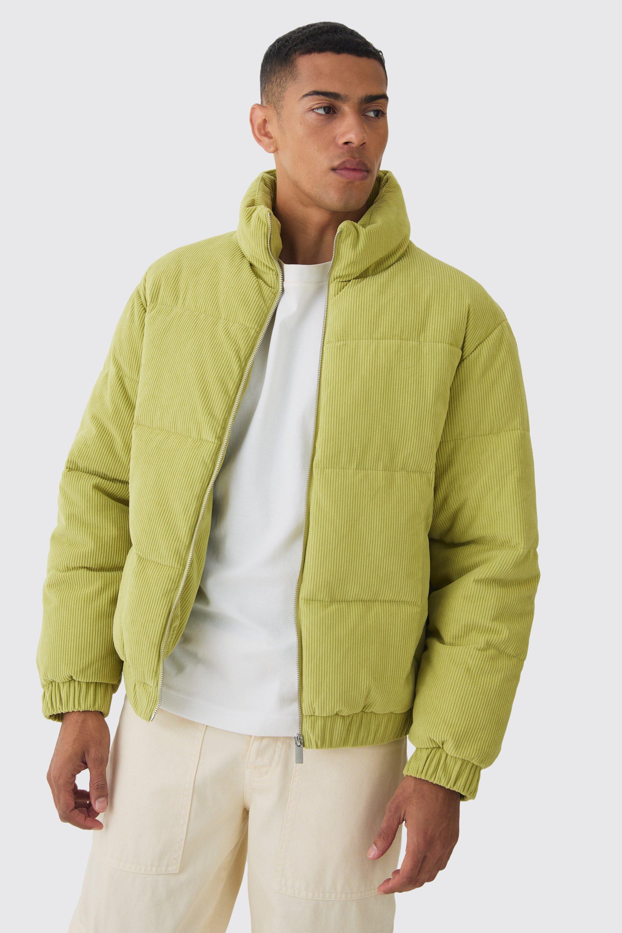 Cord Funnel Neck Puffer Coat In Lime | boohooMAN USA product image