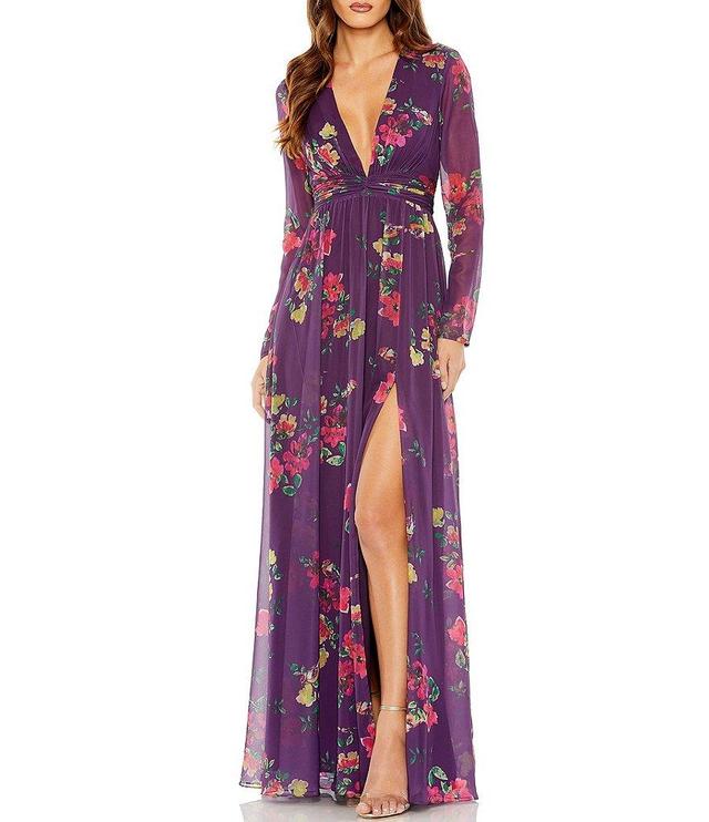 Mac Duggal Floral Deep V-Neck Long Sleeve Maxi Dress Product Image
