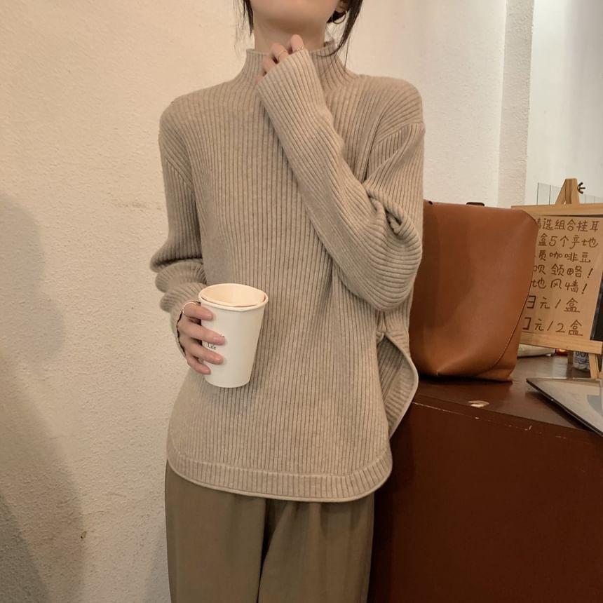 Mock Neck Plain Side-Slit Ribbed Sweater Product Image