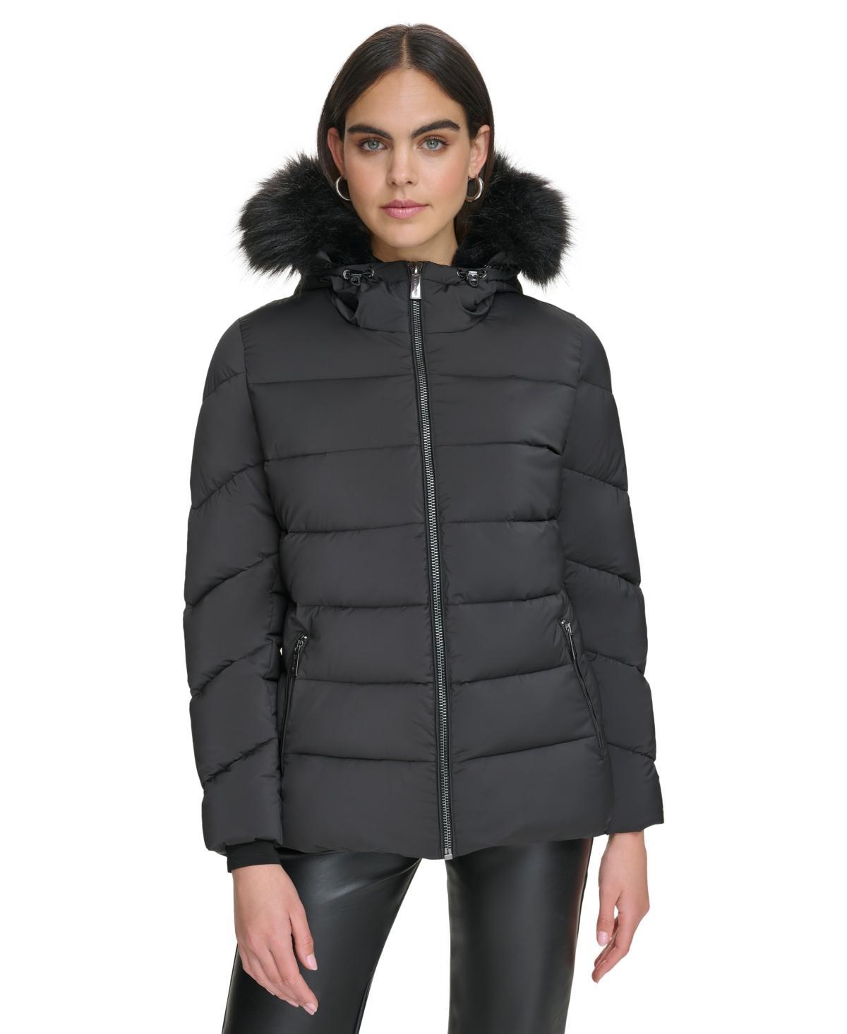 Calvin Klein Womens Stretch Faux-Fur-Trim Hooded Puffer Coat Product Image