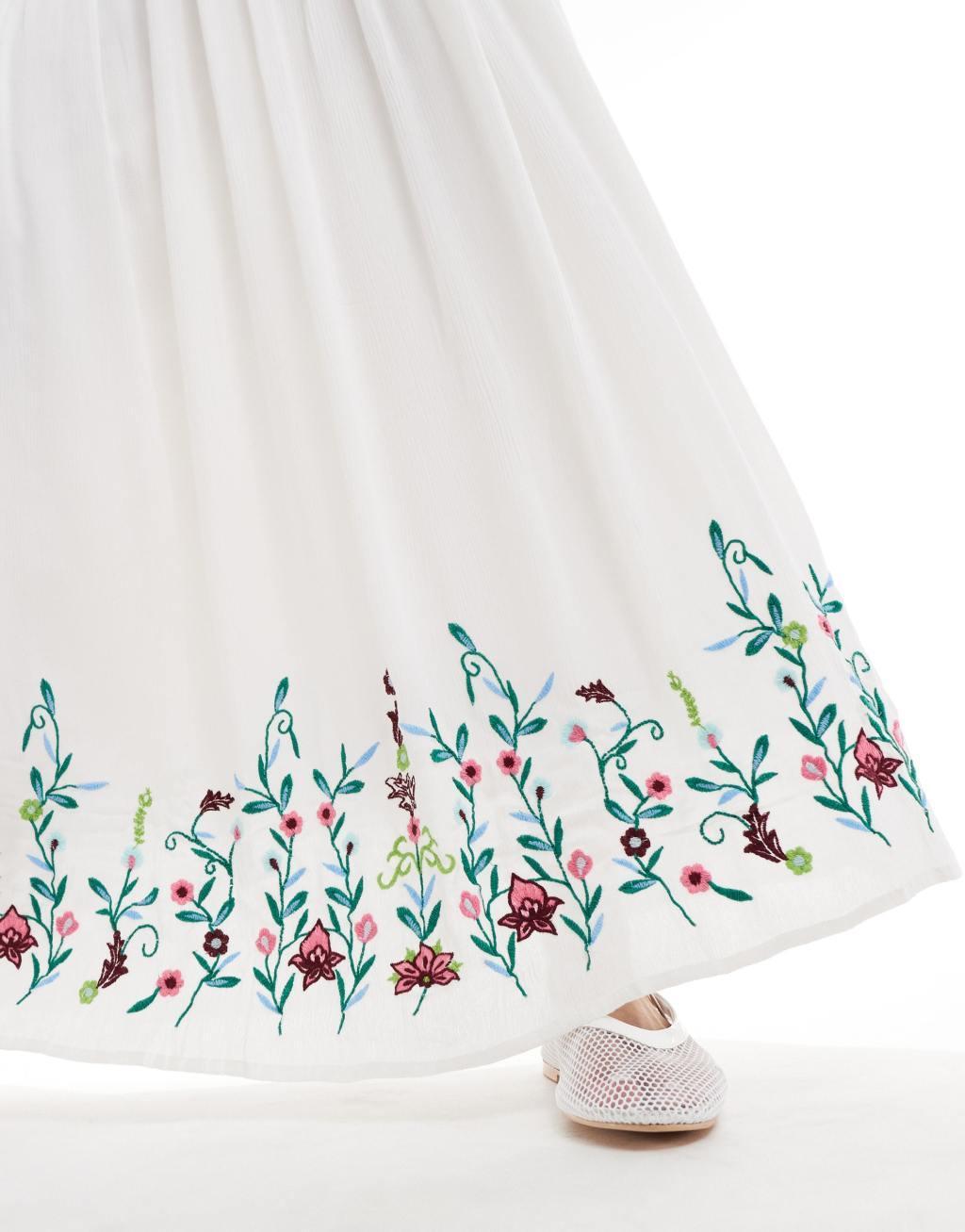 YAS Festival embroidered maxi boho skirt with tie waist in white Product Image