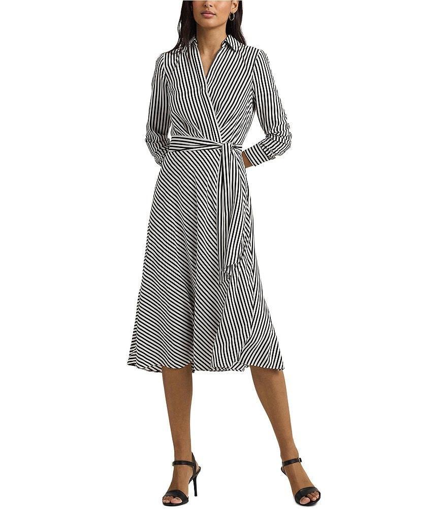 Lauren Ralph Lauren Stripe Print Surplice Collar Neck Long Sleeve Tie Front Dress Product Image