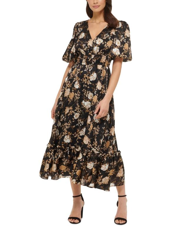 kensie Womens Printed V-Neck Smocked-Waist Satin Midi Dress Product Image