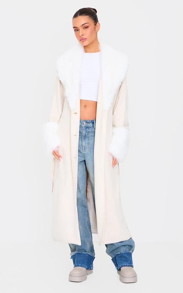 Sand Faux Fur Trim Contrast Faux Suede Coat Product Image