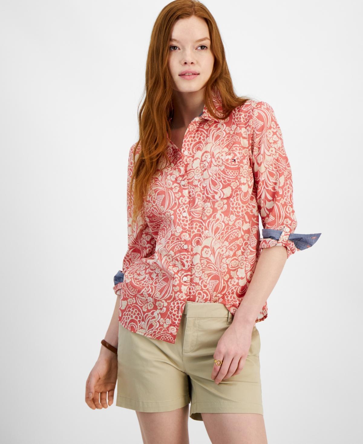 Tommy Hilfiger Womens Cotton Paisley Roll-Tab Shirt - Sky Cap Product Image