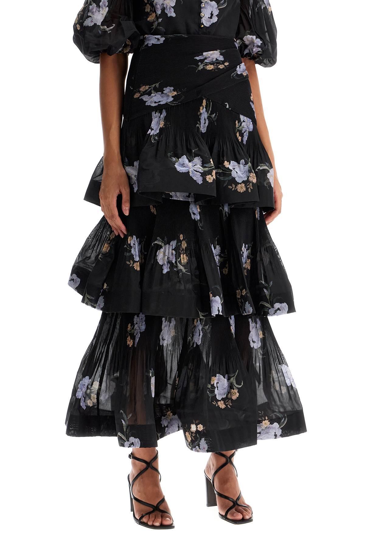 Pleated Ruffle Skirt With Floral Print In Black Product Image