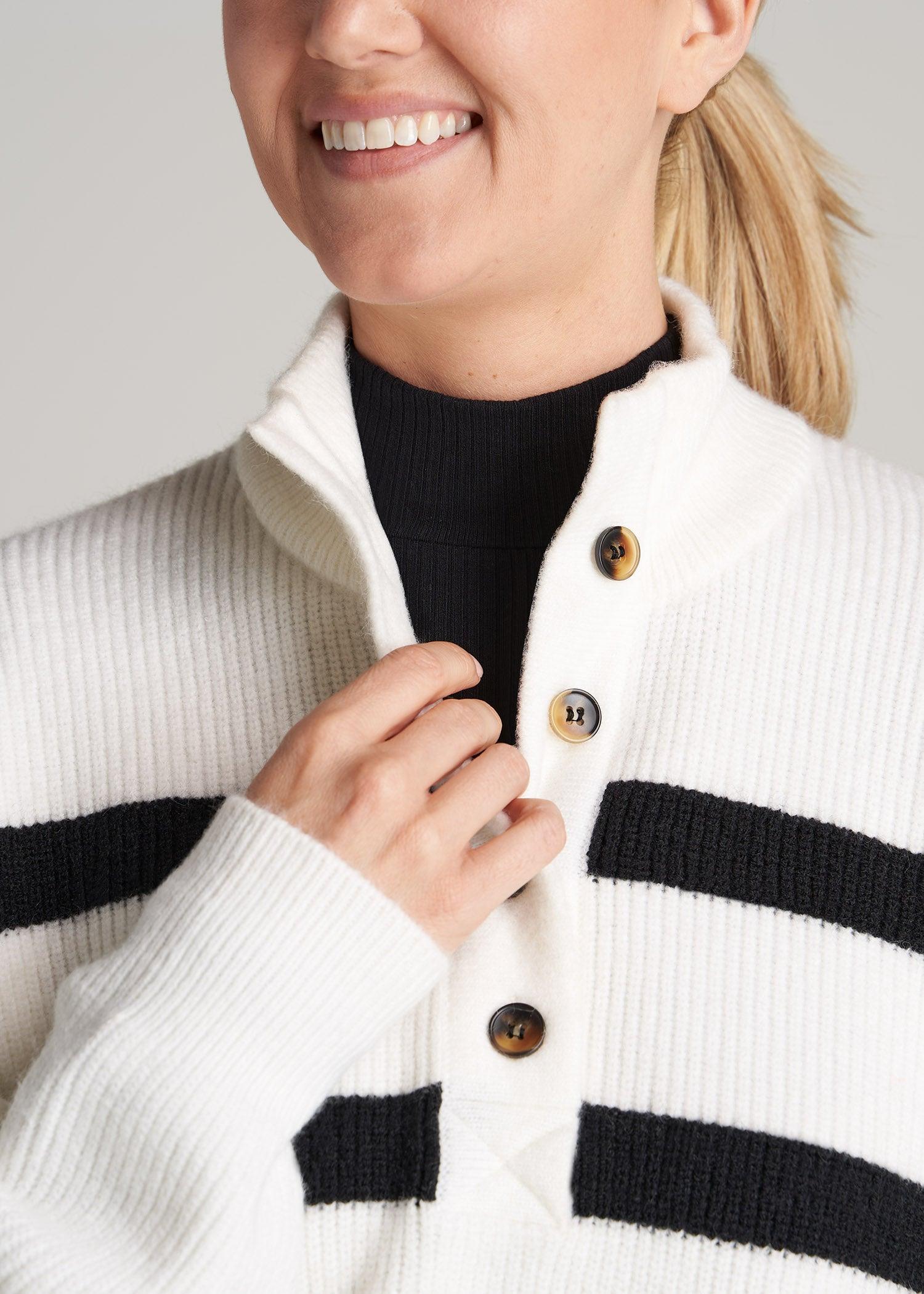 Button Front Mock Neck Sweater for Tall Women in Off White & Black Stripe Female Product Image