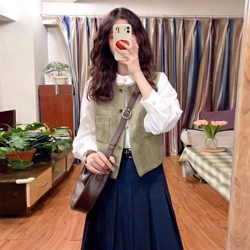 Long Sleeve Band Collar Plain Blouse Product Image