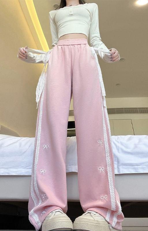 Elastic Waist Bow Embroidered Lace Panel Loose Fit Sweatpants (Various Designs) Product Image