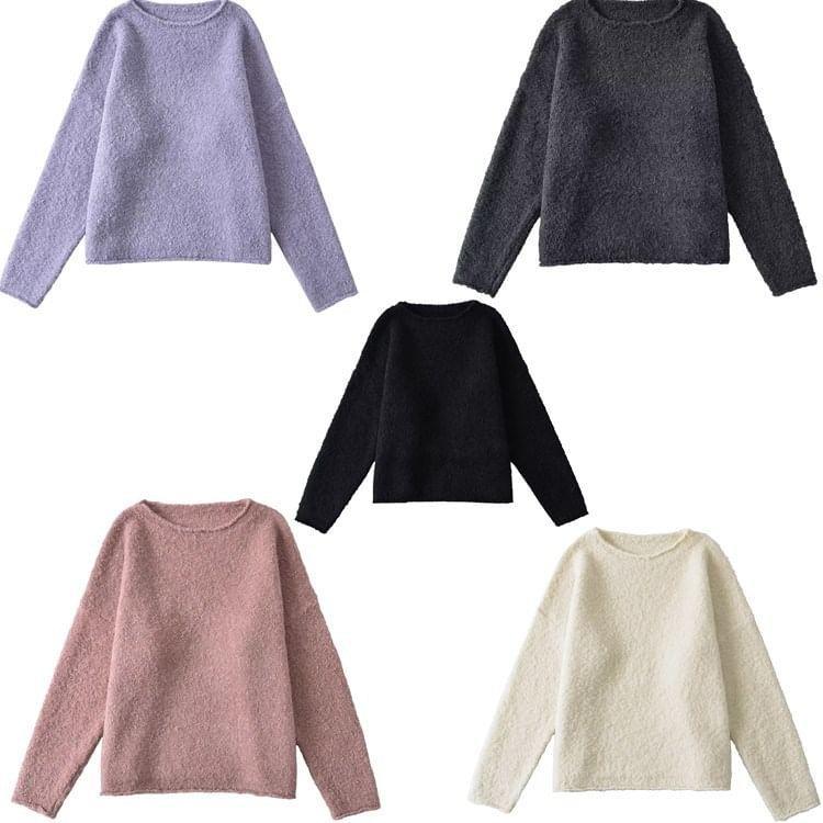 Long-Sleeve Round Neck Plain Sweater Product Image