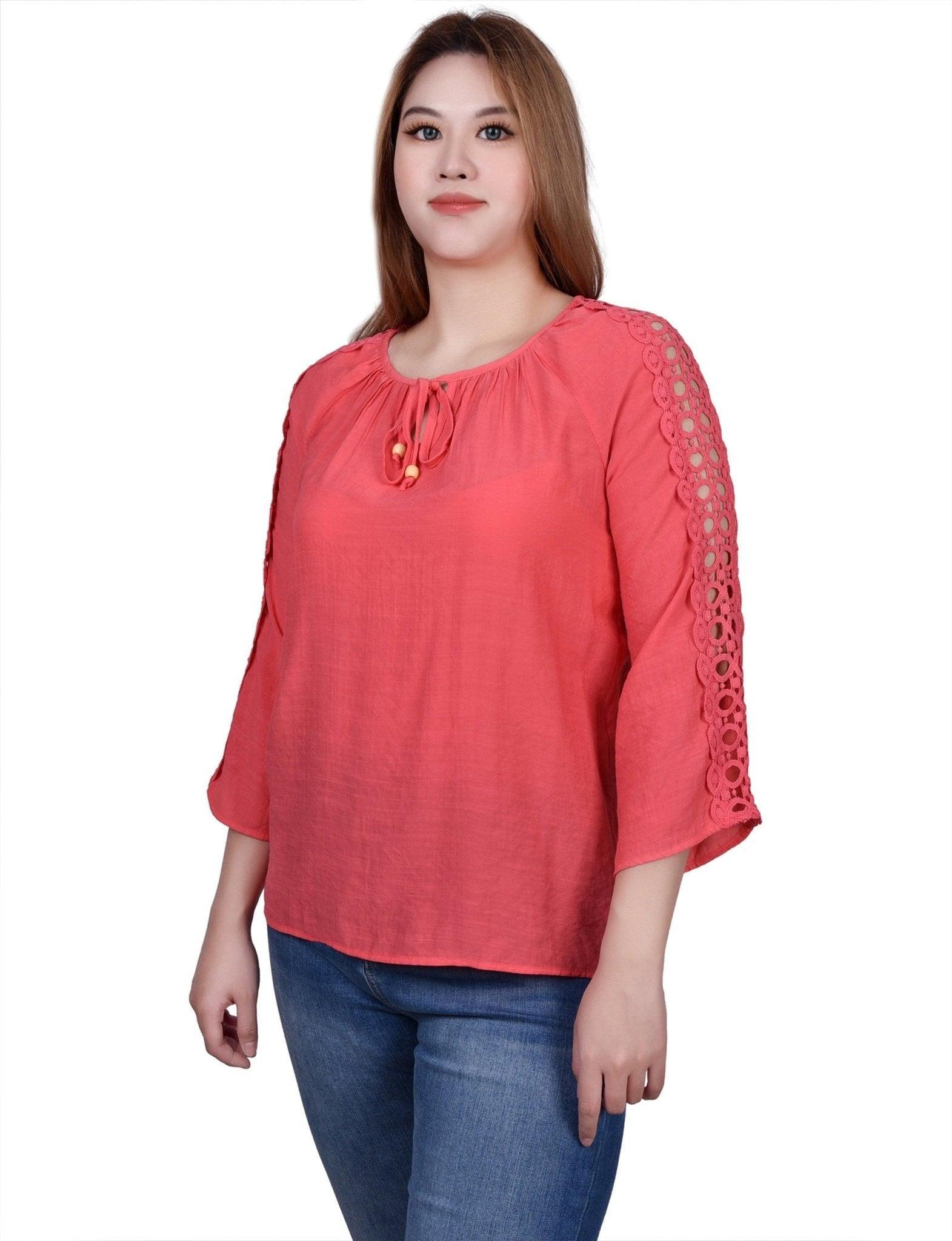 3/4 Length Sleeve Crochet Detail Blouse Product Image