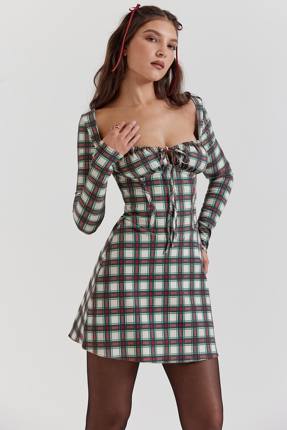 Eliza Red Tartan Corset Midi Dress - SALE Product Image