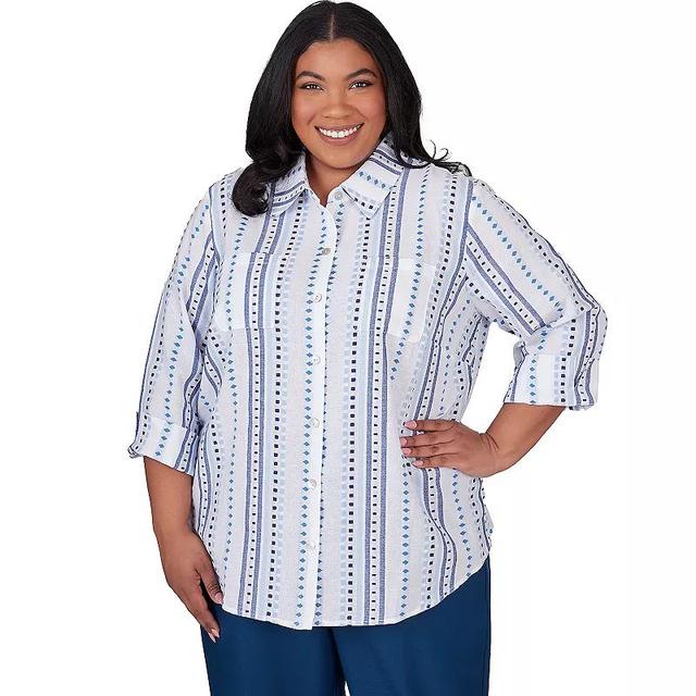 Plus Size Alfred Dunner Jacquard Stripe Collared Button Down Top, Womens Product Image