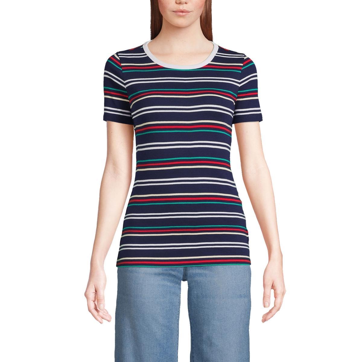 Petite Lands End All-Cotton Crewneck Tee, Womens Blue Team Stripe Product Image