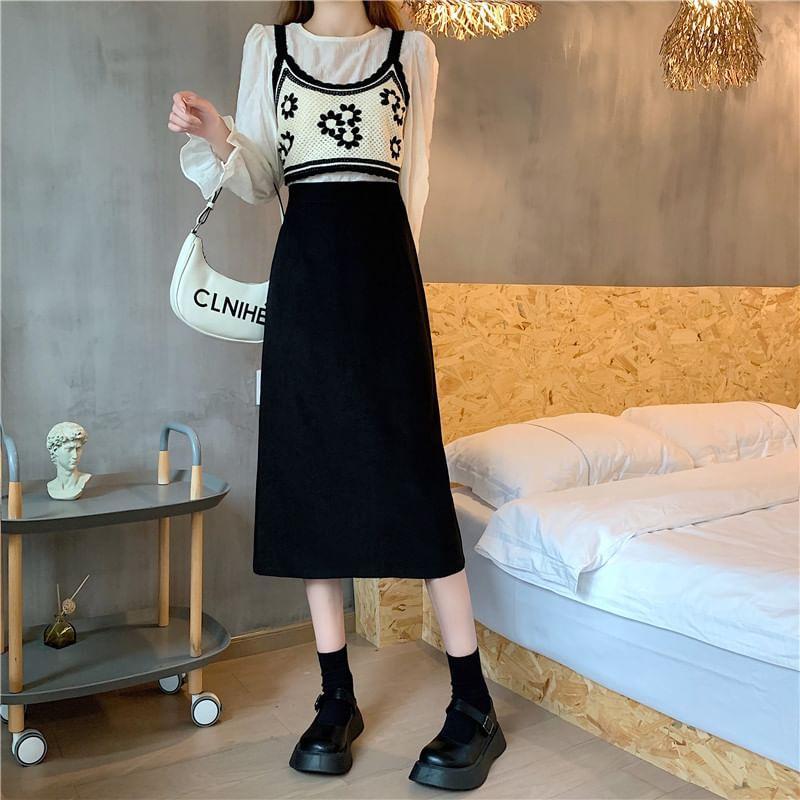 High Rise Plain Midi A-Line Skirt Product Image