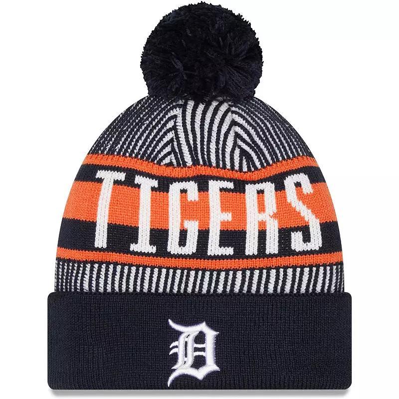 Mens New Era Detroit Tigers Striped Cuffed Knit Hat with Pom, Blue Product Image