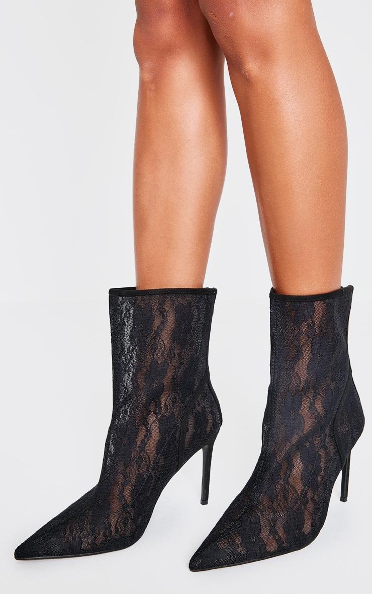 Black Lace Wide Fit Point Toe Stiletto Heel Ankle Boot product image