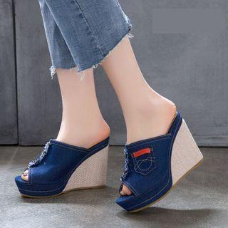 Peep-Toe Wedge-Heel Denim Slide Sandals Product Image