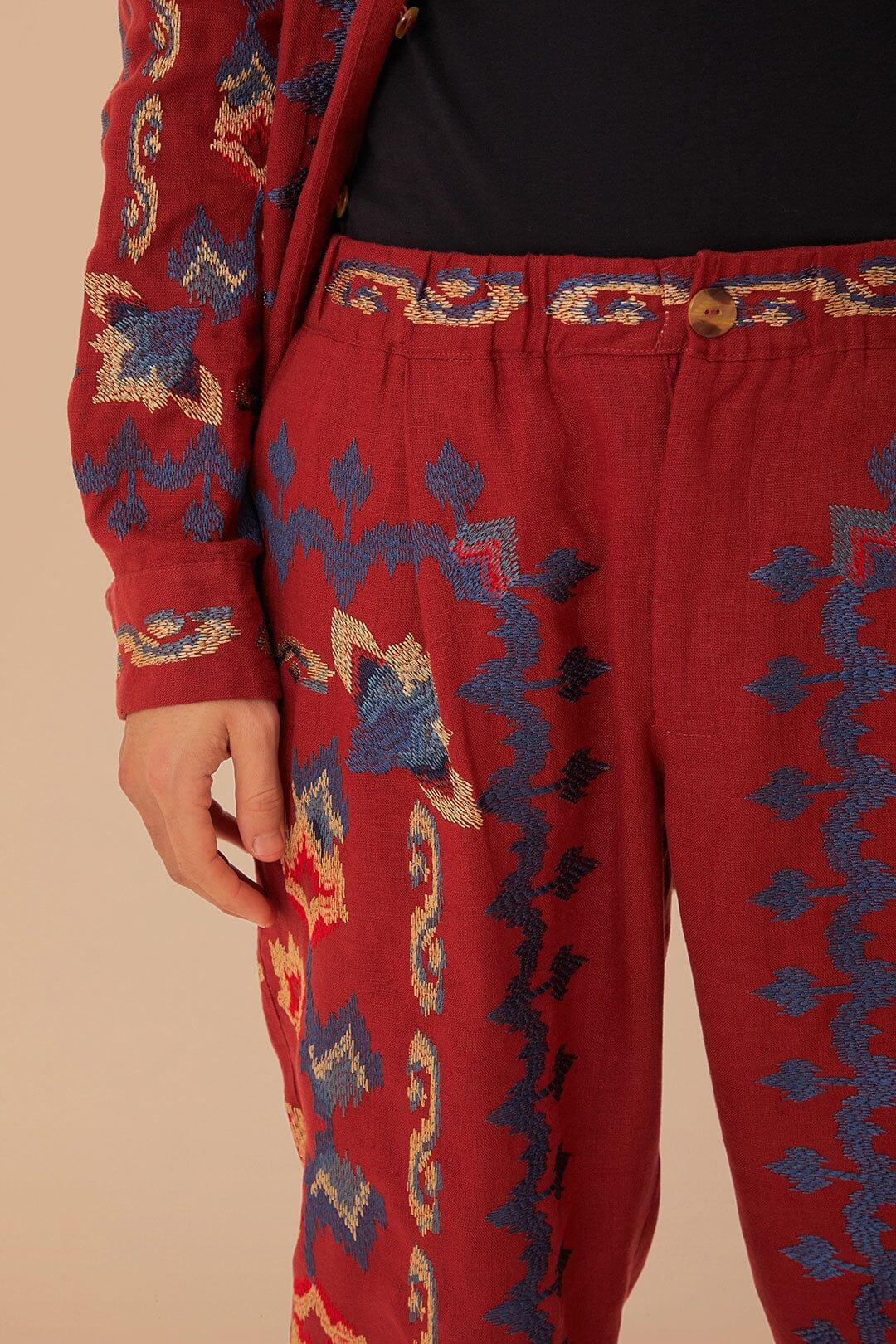 Red Floral Embroidery Jacquard Pants Product Image