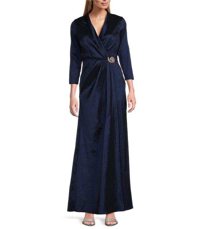 Marina Stretch Taffeta Surplice V-Neck 3/4 Sleeve Faux Wrap Dress Product Image