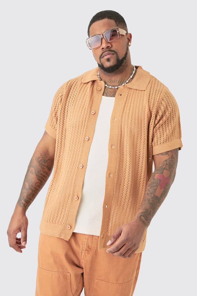 Plus Open Stitch Short Sleeve Knitted Shirt In Taupe | boohooMAN USA Product Image