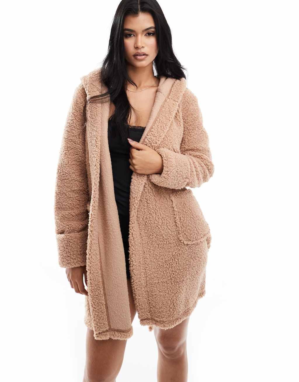 ASOS DESIGN super soft teddy ear robe in brown Product Image