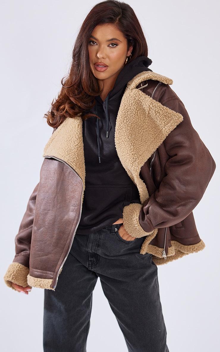 Brown Borg Lined Oversized Buckle Collar Aviator Jacket Product Image